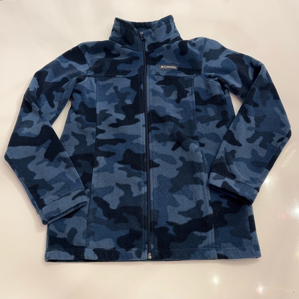 Columbia Blue Camo Fleece Jacket Youth Large 14/16 Full Zip